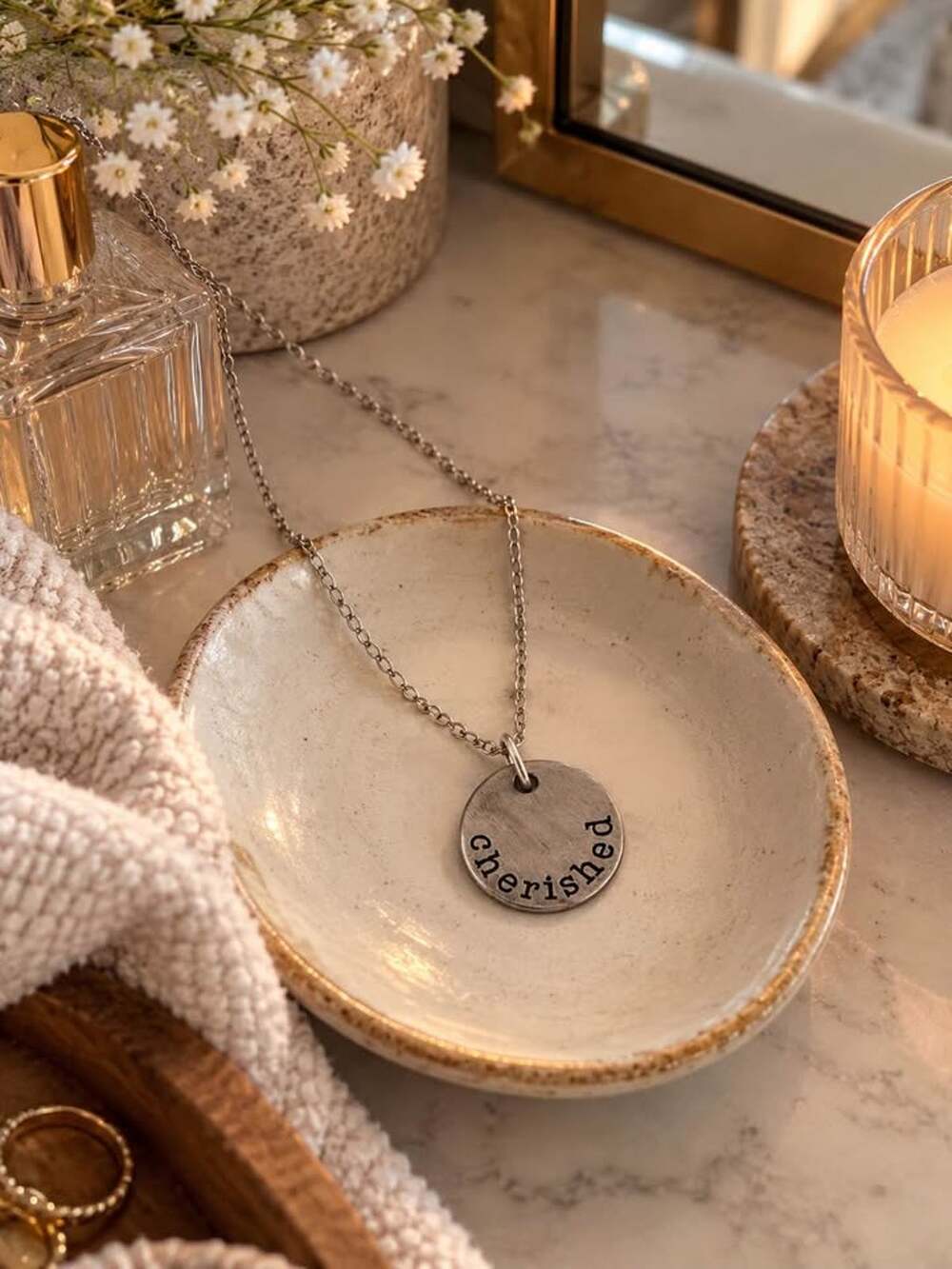 Silver-Toned 'Cherished' Stamped Pendant Necklace